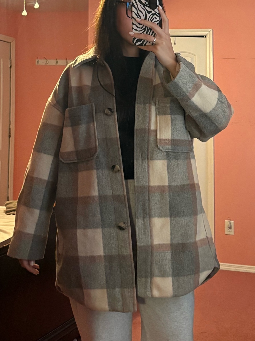 Plaid Shacket Jacket in Taupe and Cream